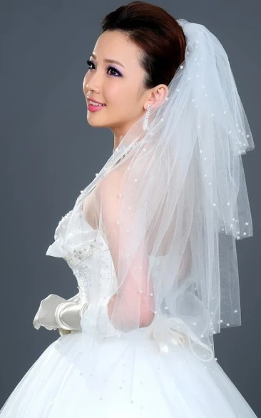Multi-Layered Puffy Elbow Wedding Veil with Pearl Beading