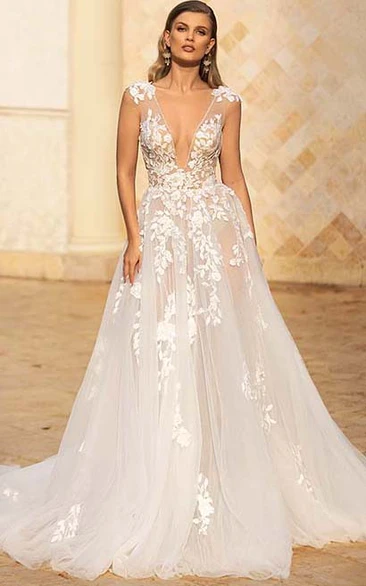 Plunged Capped Illusion A-line Lace Applique Wedding Dress with Sweep Train