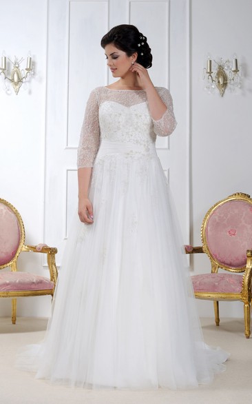 Bateau Illusion 3-4-sleeve A-line Tulle plus size wedding dress With Beading