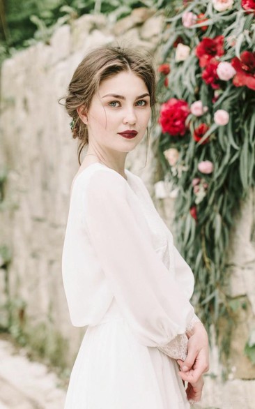 Jewel Chiffon Illusion Long Sleeve Wedding Gown