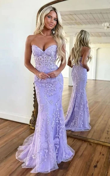 Lace Sweetheart Mermaid Sheath Applique Corset Back Lilac Prom Dress