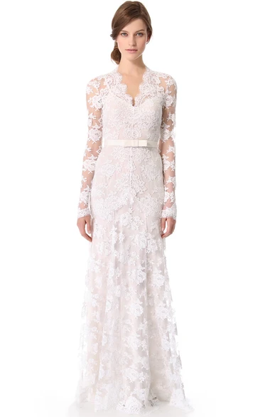 Long Sheath Long-Sleeves Unique Lace Low-V Gown