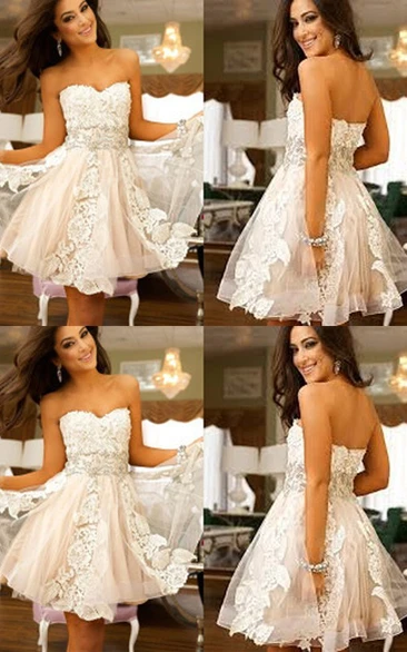 Sleeveless A-line Short Mini Sweetheart Appliques Lace Tulle Homecoming Dress
