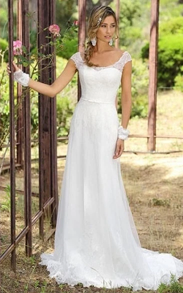 country style Cap-sleeve long Lace Wedding Dress With Sweep Train