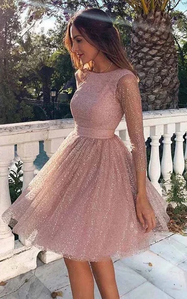 Bateau-neck Long Sleeve Illusion Sequin Empire Blush Pink A-line Short Dress
