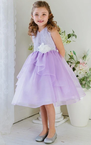 V-neck Sleeveless Tea-length Flower Girl Dress With Lace And Draping