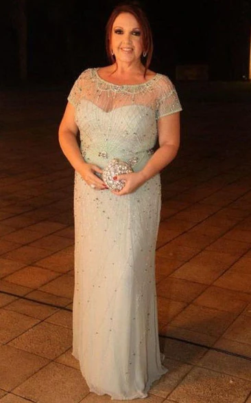 Chiffon Rhinestoned Short-Sleeve Jewel-Neckline Gown
