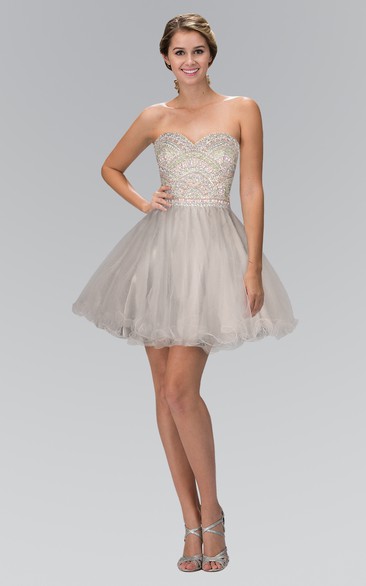 A-Line Tulle Ruffled Jeweled Short Mini Strapless Sweetheart Sleeveless Dress