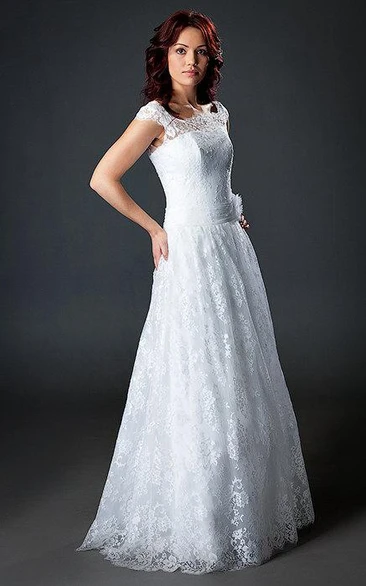 Lace Illusion Cap-Sleeve A-Line Wedding Dress