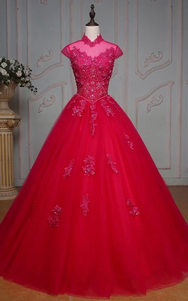 Floor-Length Tulle Corset High-Neck Bell Jeweled Cap Appliqued Ball Gown