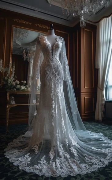 Long Sleeve Lace Sheath Mermaid Applique Wedding Dress