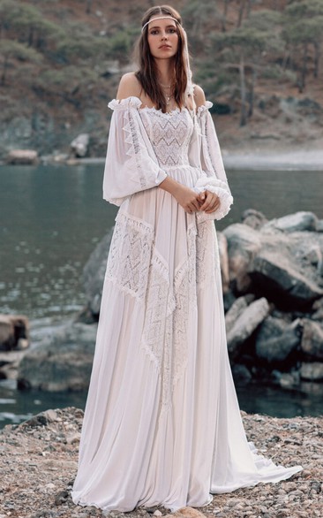 Strapless Chiffon Pleated Puff-long-sleeve Lace Fairtale Wedding Dress