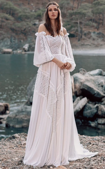 Strapless Chiffon Pleated Puff-long-sleeve Lace Fairtale Wedding Dress