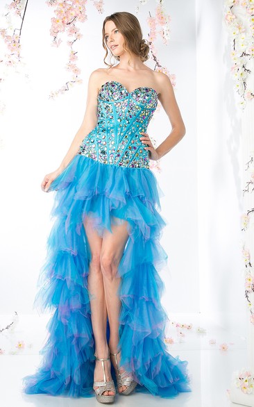 A-Line Tiered Jeweled High-Low Sweetheart Tulle Strapless Lace-Up-Back Dress