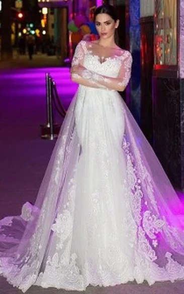 Modern A Line Floor-length Long Sleeve Lace Wedding Dress with Appliques