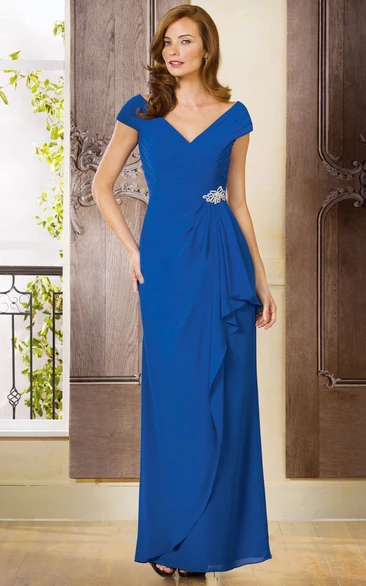 A Line V-neck Short Sleeve Floor-length Chiffon Mother Of The Bride Dress with Low-V Back and Draping