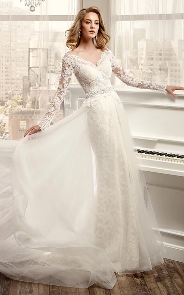 V-neck Illusion Long Sleeve Lace Tulle Sheath Dress With Court Train