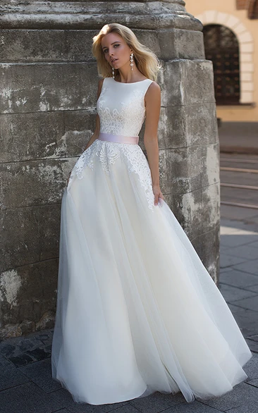 Ethereal Chiffon and Tulle Scoop Neckline Corset Back Wedding Dress