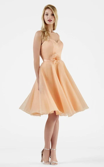 A-line Scoop Sleeveless Knee-length Organza Bridesmaid Dress with Illusion and Sash