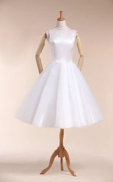 A-Line Satin Sleeveless Scoop-Neckline Wedding Short-Midi Dress