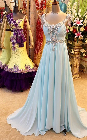 Evening V-Neckline Crystal Rhinestone Bling Prom Backless A-Line Gown