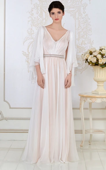 Plunged long Poet-sleeve Pleated Dress With Beaded Waist