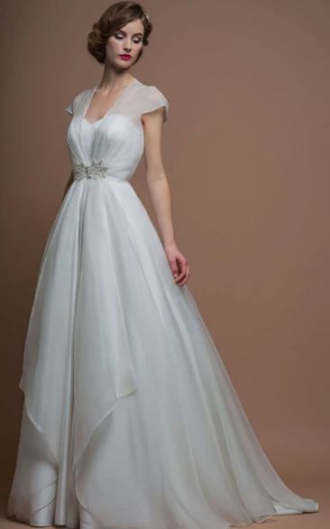 A-line V-neck Short Sleeve Floor-length Organza Wedding Dress with Illusion and Waist Jewellery