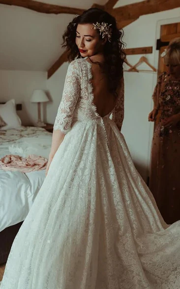 Scoop-neck Long Sleeve Keyhole Half-sleeve A-line Wedding Dress
