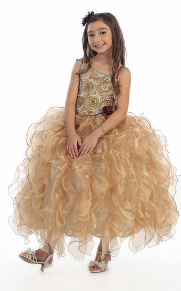 Tiered Strapped Floor-Length Floral Organza Flower Girl Dress