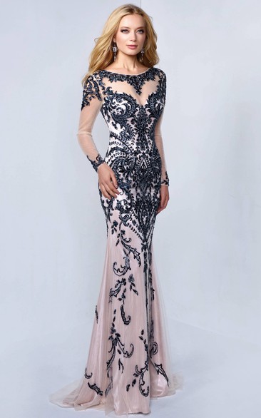 Sheath Scoop Long Sleeve Sweep Train Tulle Prom Dress with Deep-V Back and Beading
