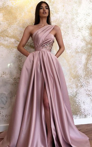 Pink One-shoulder Front Split Satin A-line Ruched Prom Dress with Beadings