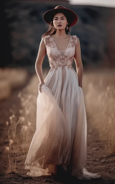 V-neck Sleeveless Country Empire Tulle Applique Wedding Dress