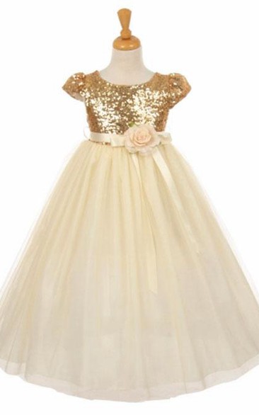 Empire Scoop Cap-Sleeves Tea-length Tulle/Sequins Flowergirl Dress with Ruching and Sash