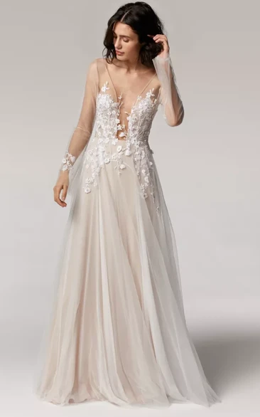 Ethereal Illusion Long Sleeve V-neck Applique Tulle Wedding Dress