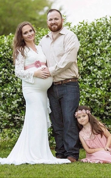 Country V-neck Long Sleeve Bandage Floral Pleated Ruffled Split Front Maternity Wedding Dress