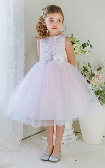Layered Lace Floral 3-4-Length Tulle Flower Girl Dress