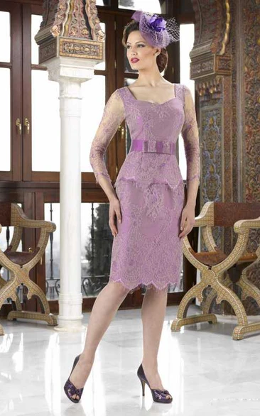 Pencil Scoop Long Sleeve Knee-length Lace Mother Of The Bride Dress with Illusion and Sash