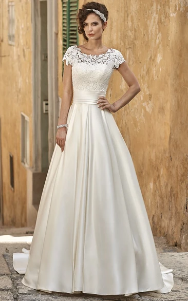 A-line Square Short Sleeve Floor-length Satin Wedding Dress with Illusion and Ruching