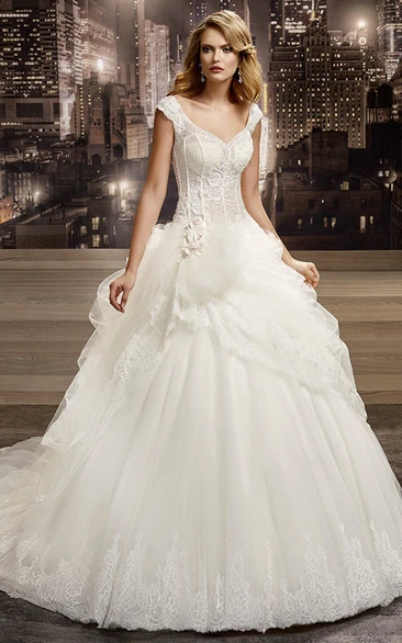 Cap-sleeve Lace Pick Up Tulle Ball Gown With Beading And Chapel Train