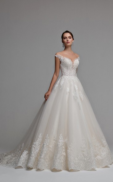 Romantic Ball Gown Tulle V-neck Wedding Dress with Appliques