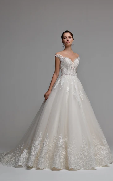 Romantic Ball Gown Tulle V-neck Wedding Dress with Appliques