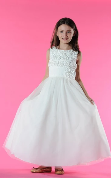 Princess Floral Bodice Tulle Scoop-Neckline Flower Girl Dress