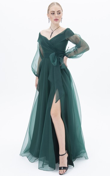 Elegant A Line Floor-length Long Sleeve Chiffon Formal Dress with Bow