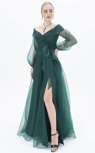 Elegant A Line Floor-length Long Sleeve Chiffon Formal Dress with Bow