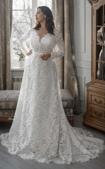 Vintage Sheer Lace V-neck Long Sleeve Plus Size Wedding Dress with Sweep Train
