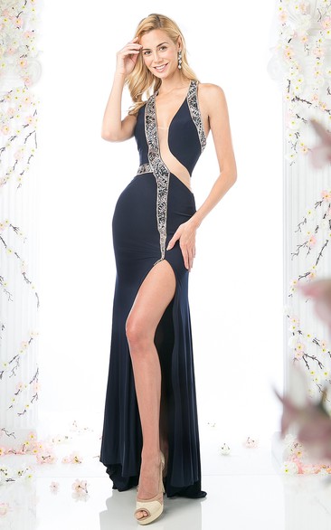 Sheath V-neck Sleeveless Sweep Train Jersey Prom Dress with Open Back and Split Front