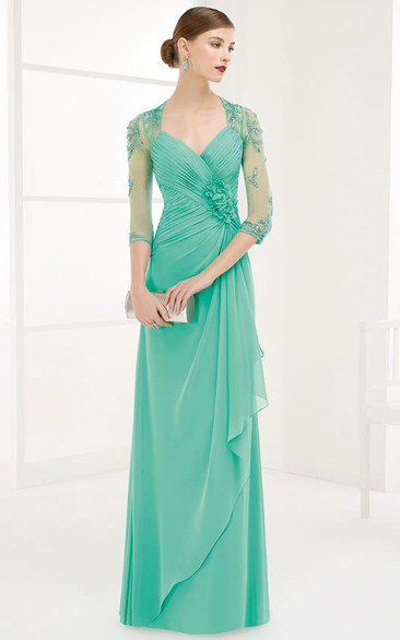 Sheath V-neck Half Sleeve Floor-length Chiffon Evening Dress with Ruching and Sequins