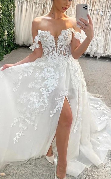 Lace Applique Front Split Sweetheart A-line Wedding Dress