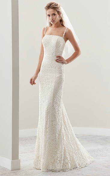 Sheath Straight Across Sleeveless Floor-length Lace Wedding Dress with Spaghetti Straps
