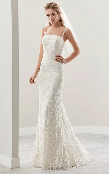 Sheath Straight Across Sleeveless Floor-length Lace Wedding Dress with Spaghetti Straps